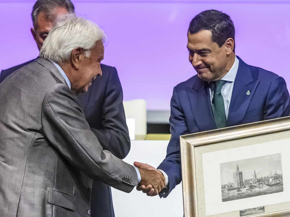 Foto: El expresidente del Gobierno Felipe González recibe el Premio Iberoamericano Torre del Oro de manos del presidente de la Junta, Juanma Moreno. (EFE/Raúl Caro)