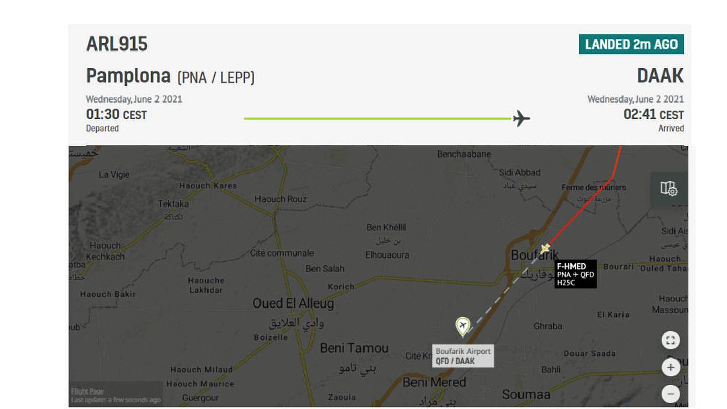 El avión ha aterrizado en el aeropuerto Boufarik de Argelia tras un vuelo de 1 hora y 11 minutos.