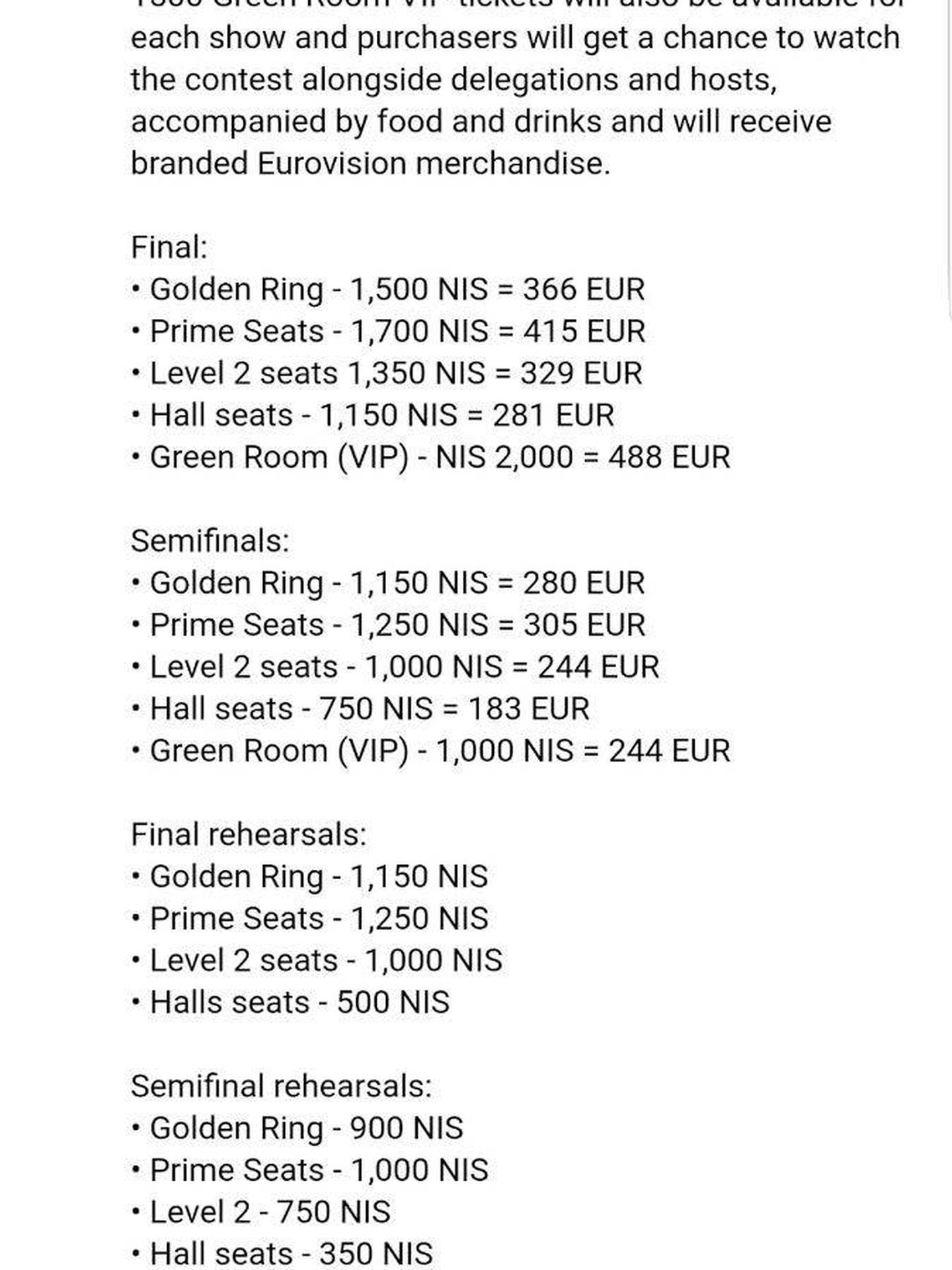 Precios de las entradas para 'Eurovision2019'.