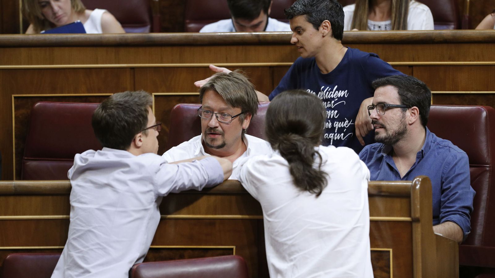 Foto: Los diputados de Podemos, Alberto Garzón, Xavier Domènech, Íñigo Errejón y Pablo Iglesias. (EFE)
