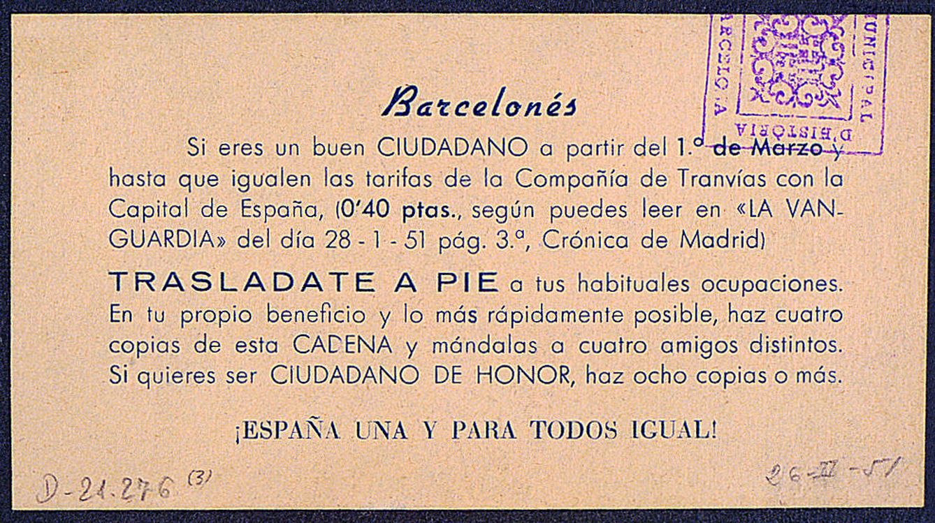 Pasquín de 1951 llamando a los barceloneses a no coger el tranvía.