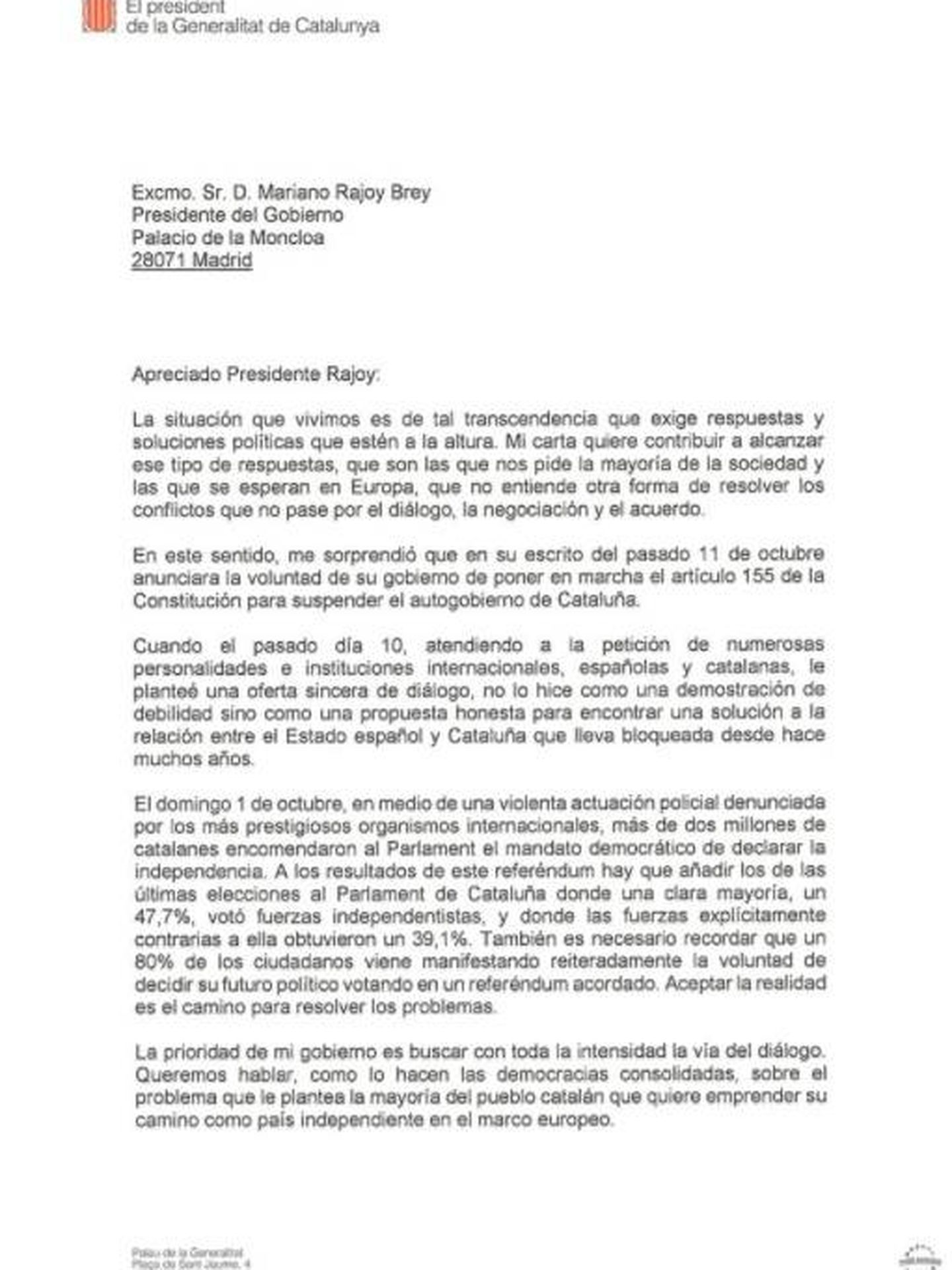 Esta es la carta de Puigdemont a Rajoy.