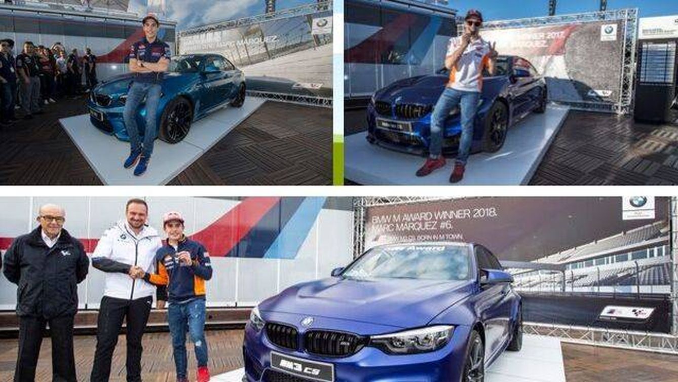 Marc Márquez recibiendo el BMW M2 (2016), BMW M4 CS (2017) y el BMW M3 CS (2018).
