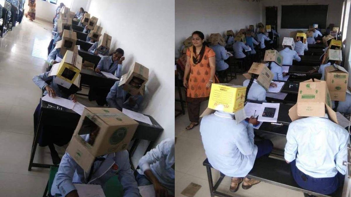 Un instituto coloca cajas de cartón en la cabeza de los alumnos para que no copien
