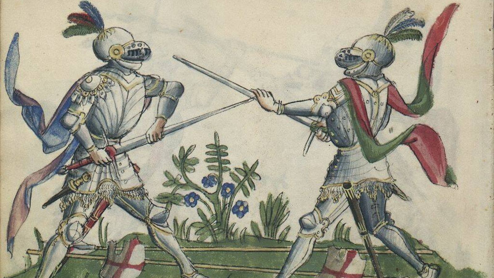 Arte del códice de esgrima medieval Gladiatoria en el que se muestra la esgrima de espada larga armada.