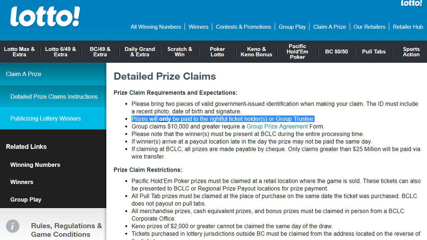 Las reglas de la lotería de la Columbia Británica exigen que los ganadores recojan personalmente el premio