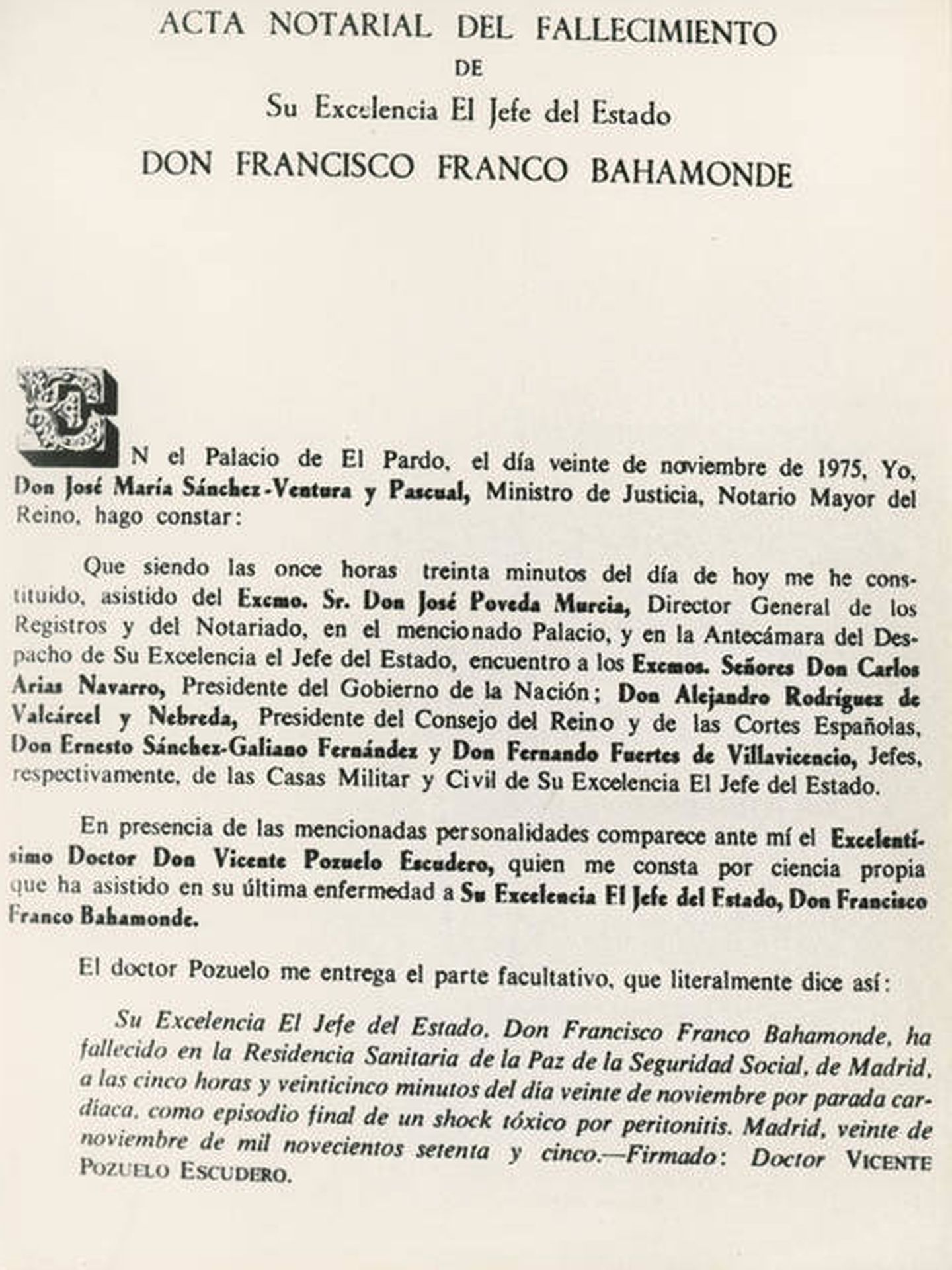 Primera página del acta notarial del fallecimiento de Franco. (Archivo Gráfico de la Carta de España)