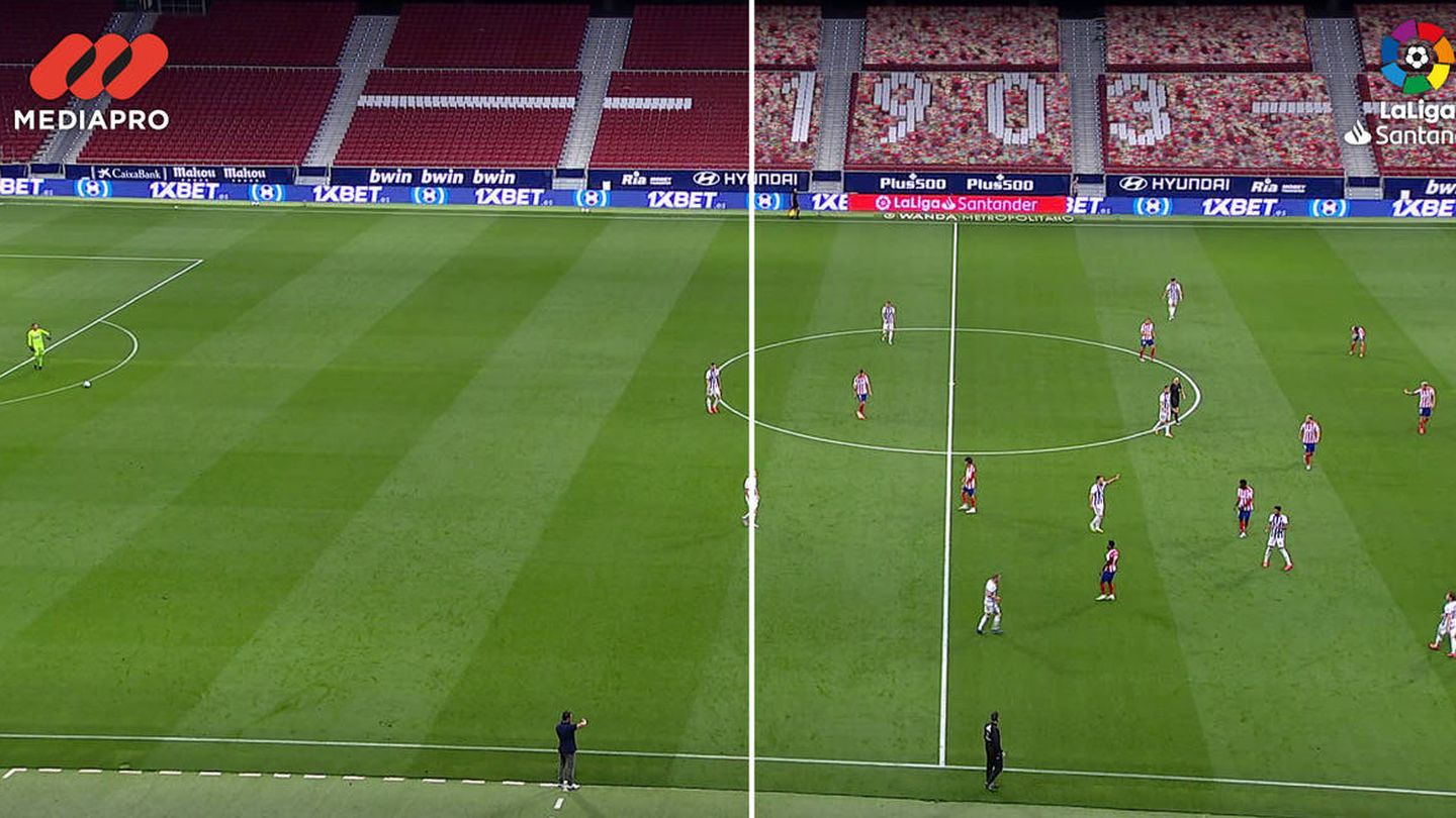 Contraposición de los dos canales de Movistar en un partido reciente en el Wanda Metropolitano.