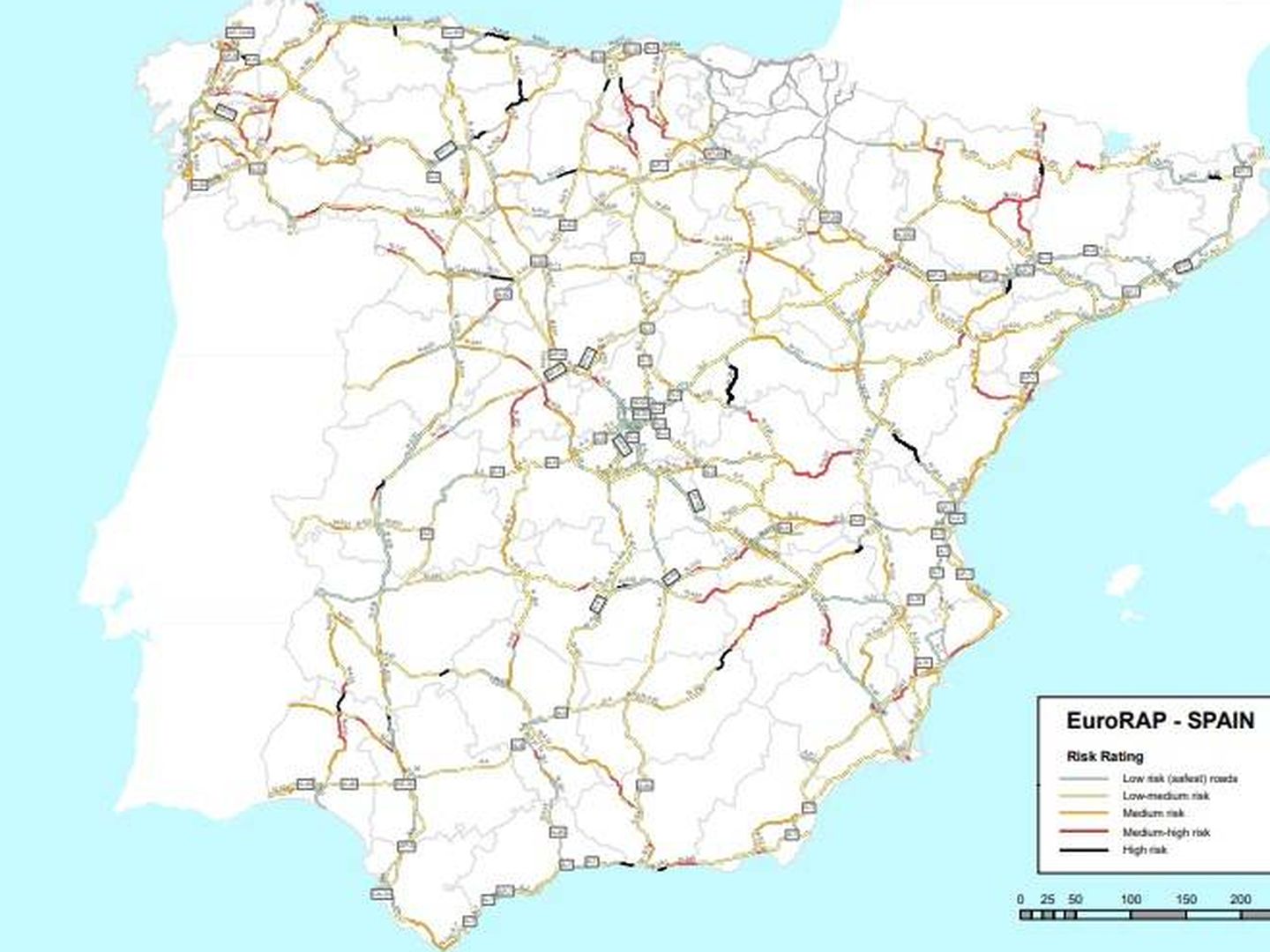 Pincha para ampliar el mapa de las carreteras más peligrosas de España. (EuroRAP)