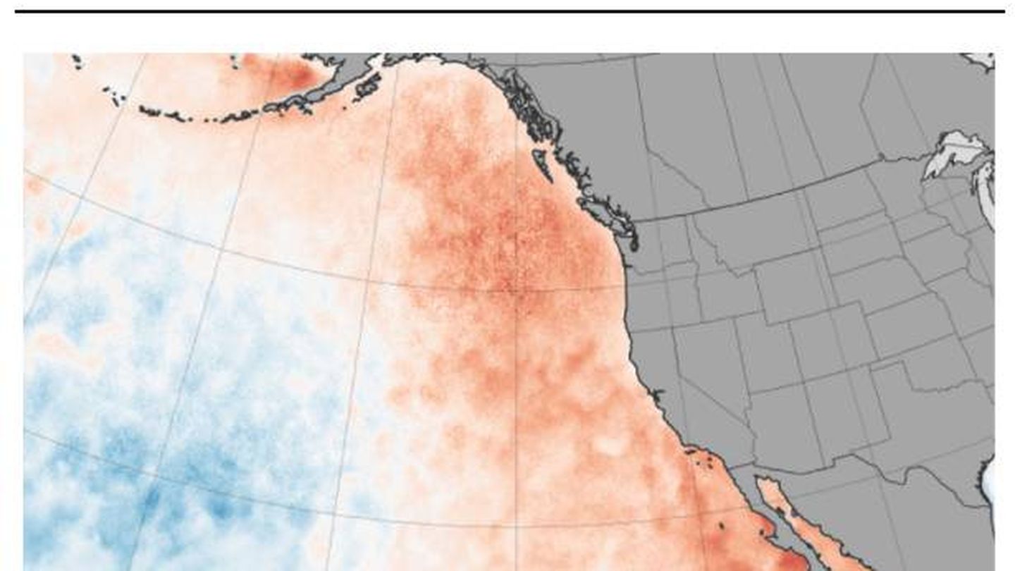 El mapa de calor de 'The Blob', la ola de calor marina de la costa oeste norteamericana que duró desde 2013 a 2016. (NASA)  