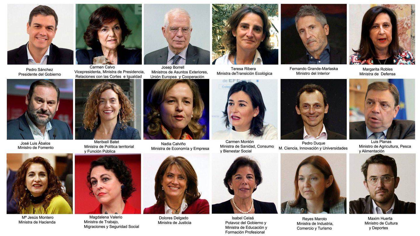 Las 11 ministras y los seis ministros del presidente Pedro Sánchez. (EFE)