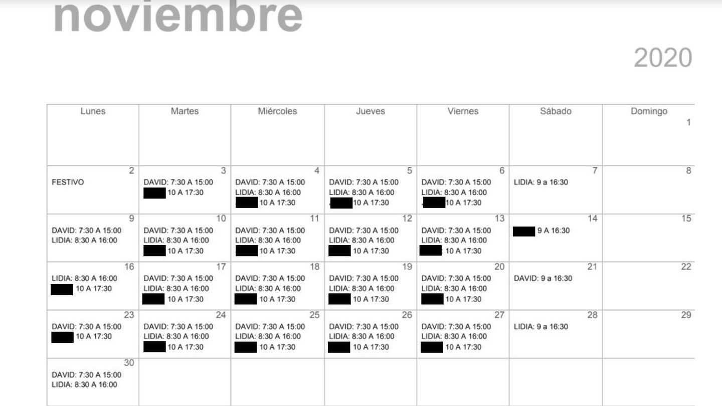 Captura de los horarios programados por la embajada, en los que se espera que Lidia y sus compañeros trabajaran al menos el sábado.