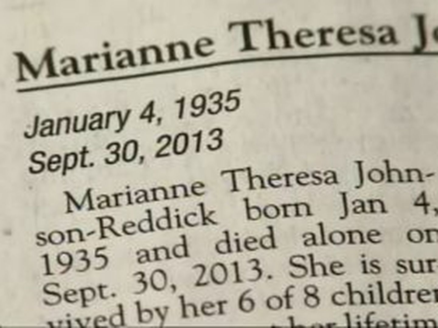 El obituario de Marianne tal como fue publicado en la edición en papel del Reno Gazette-Journal.