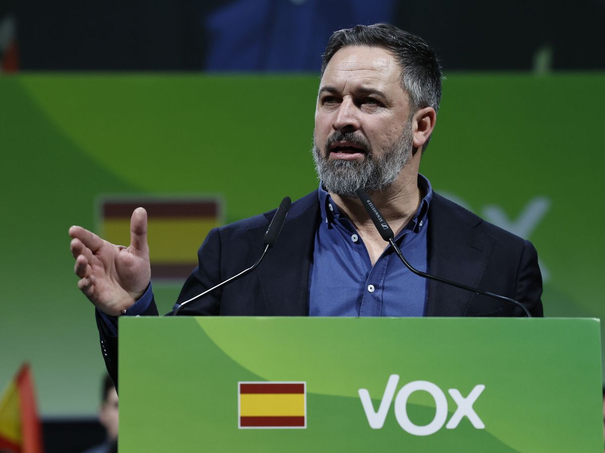 Foto: El líder de Vox, Santiago Abascal, durante la asamblea general. (EFE/Chema Moya)
