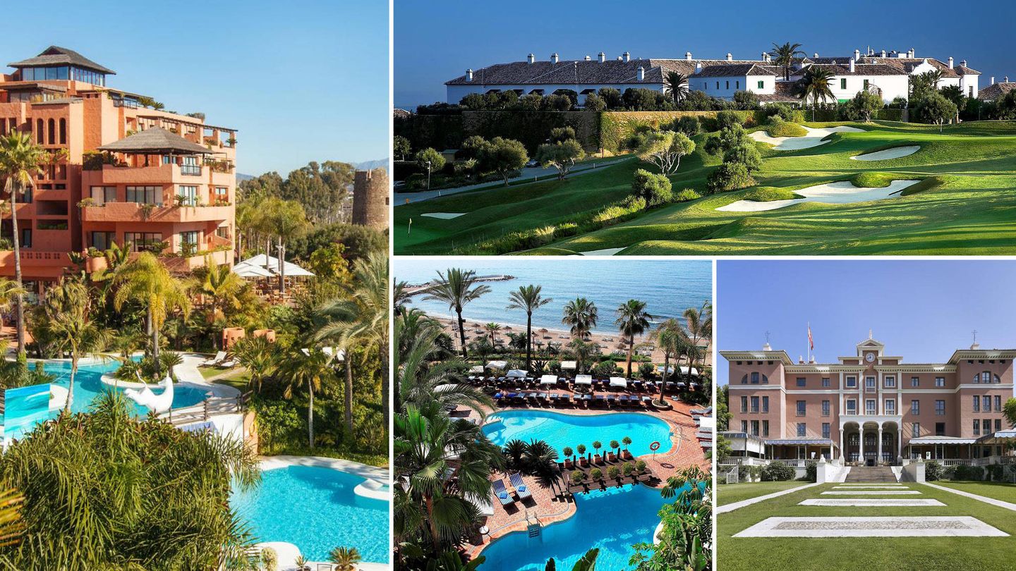 En sentido de las agujas del reloj: hotel Kempinsky, el campo de golf de Finca Cortesín, hotel Villa Padierna y vista aérea del Marbella Club, a pie de playa.