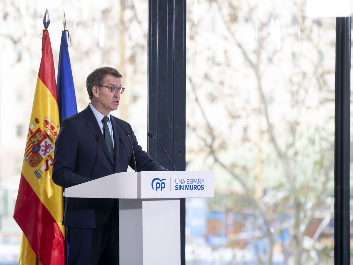 Foto: El presidente del PP, Alberto Núñez Feijóo, en su comparecencia para hacer balance del año. (Europa Press/A. Pérez Meca)