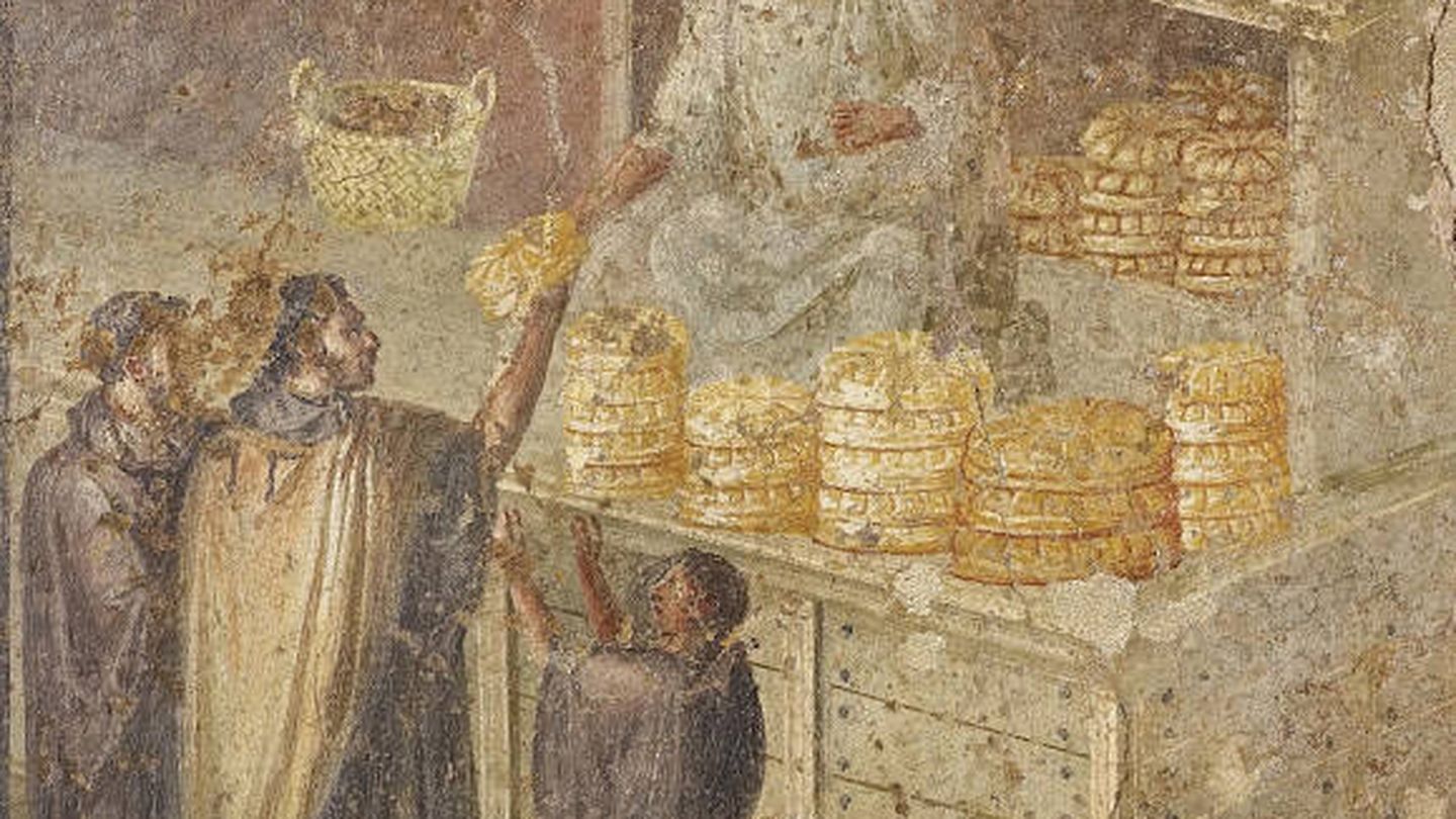 Fuente: Fresco que muestra la distribución del pan entre el 40 y el 79 d. C. en Pompeya, posiblemente en la Casa del Panadero. Fuente: Museo Archeologico Nazionale di Napoli
