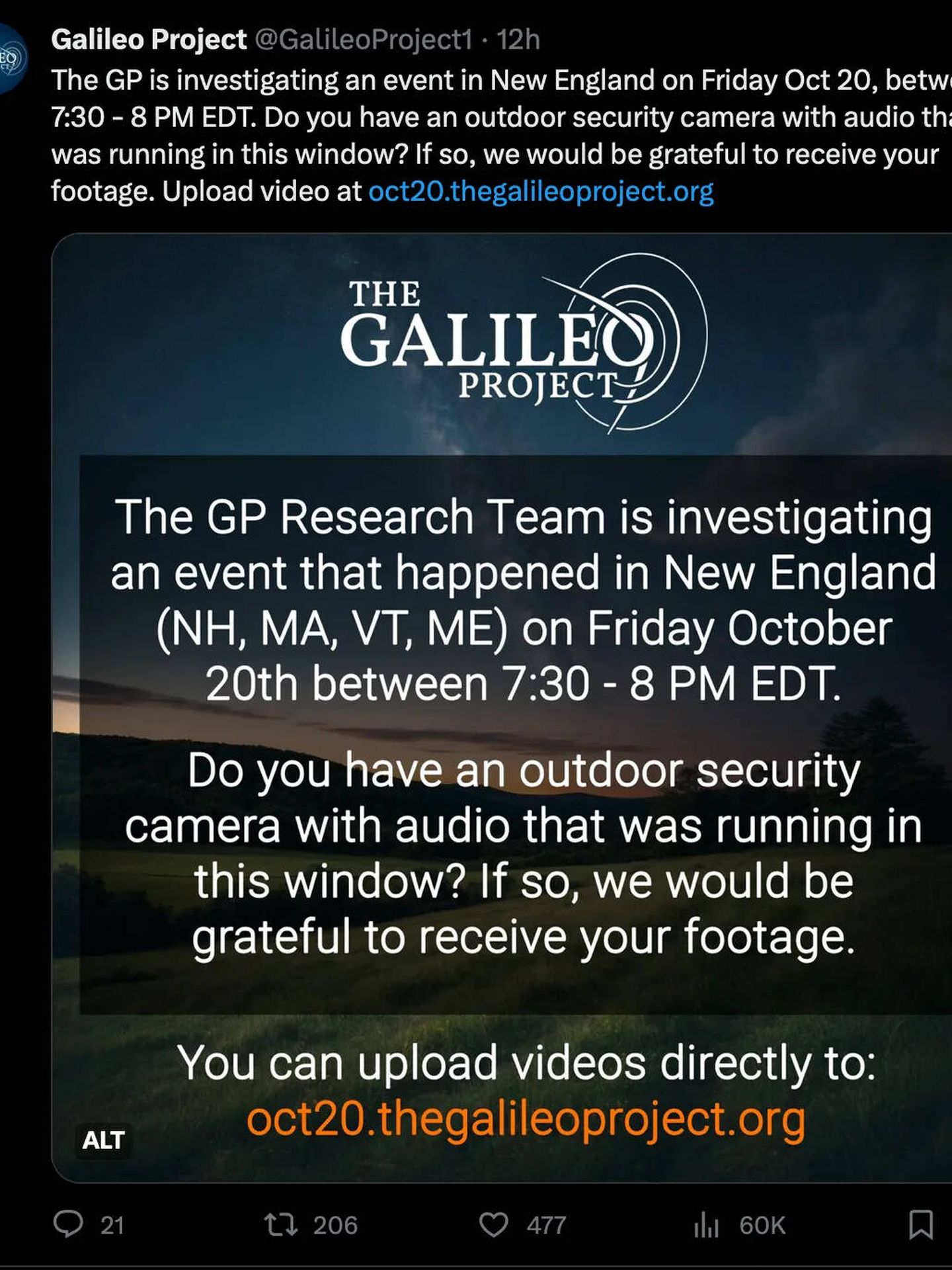 El tuit del Proyecto Galileo solicitando información.