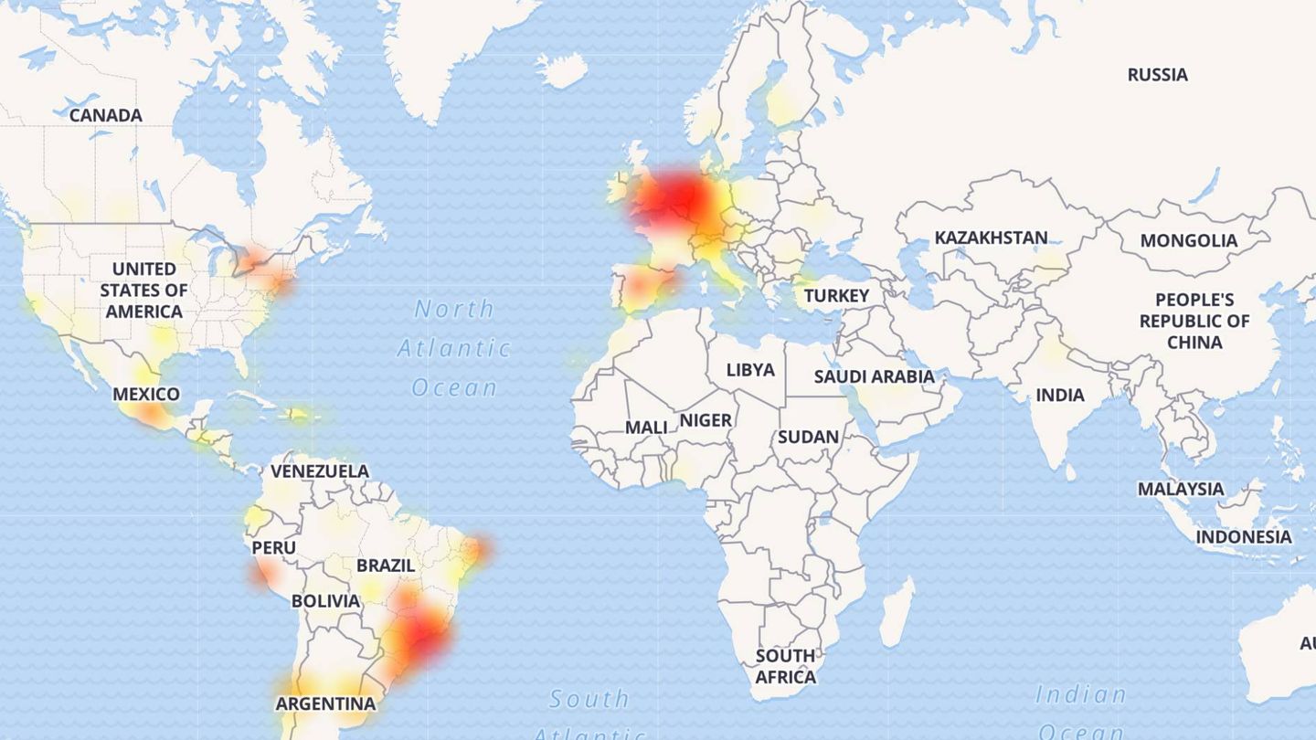 La caída mundial de WhatsApp: en rojo y amarillo, países afectados. (Imagen: Downdetector)