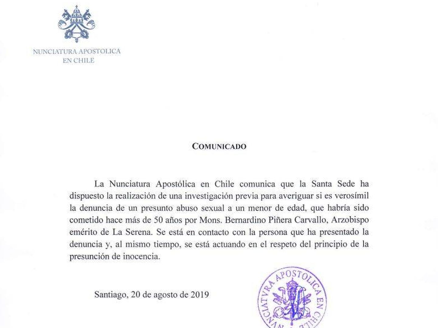 Comunicado de la Nunciatura Apostólica en Chile informando de la investigación abierta por el Vaticano. (Conferencia Episcopal Chile)
