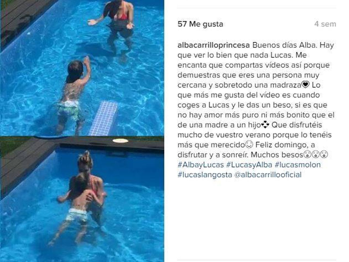 Alba Carrillo sube una foto de Instagram con su hijo en un piscina.