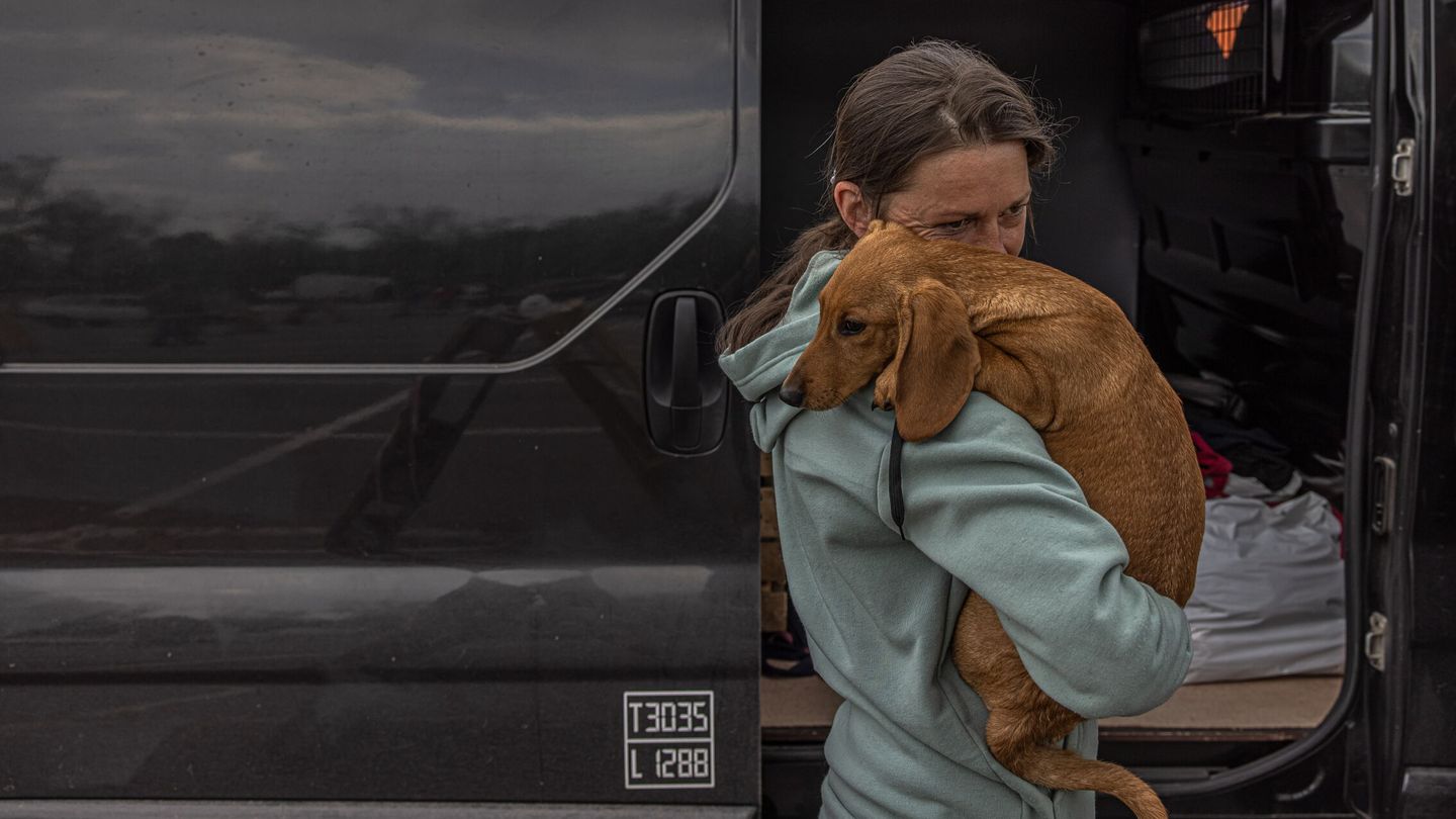 Una mujer en ucrania sostiene en brazos a su perro, en Zaporiyia. (EFE/EPA/Roman Pilipey)