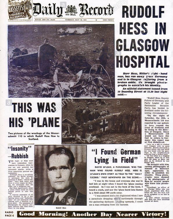 Portada de prensa sobre el increíble vuelo de Rudolf Hess