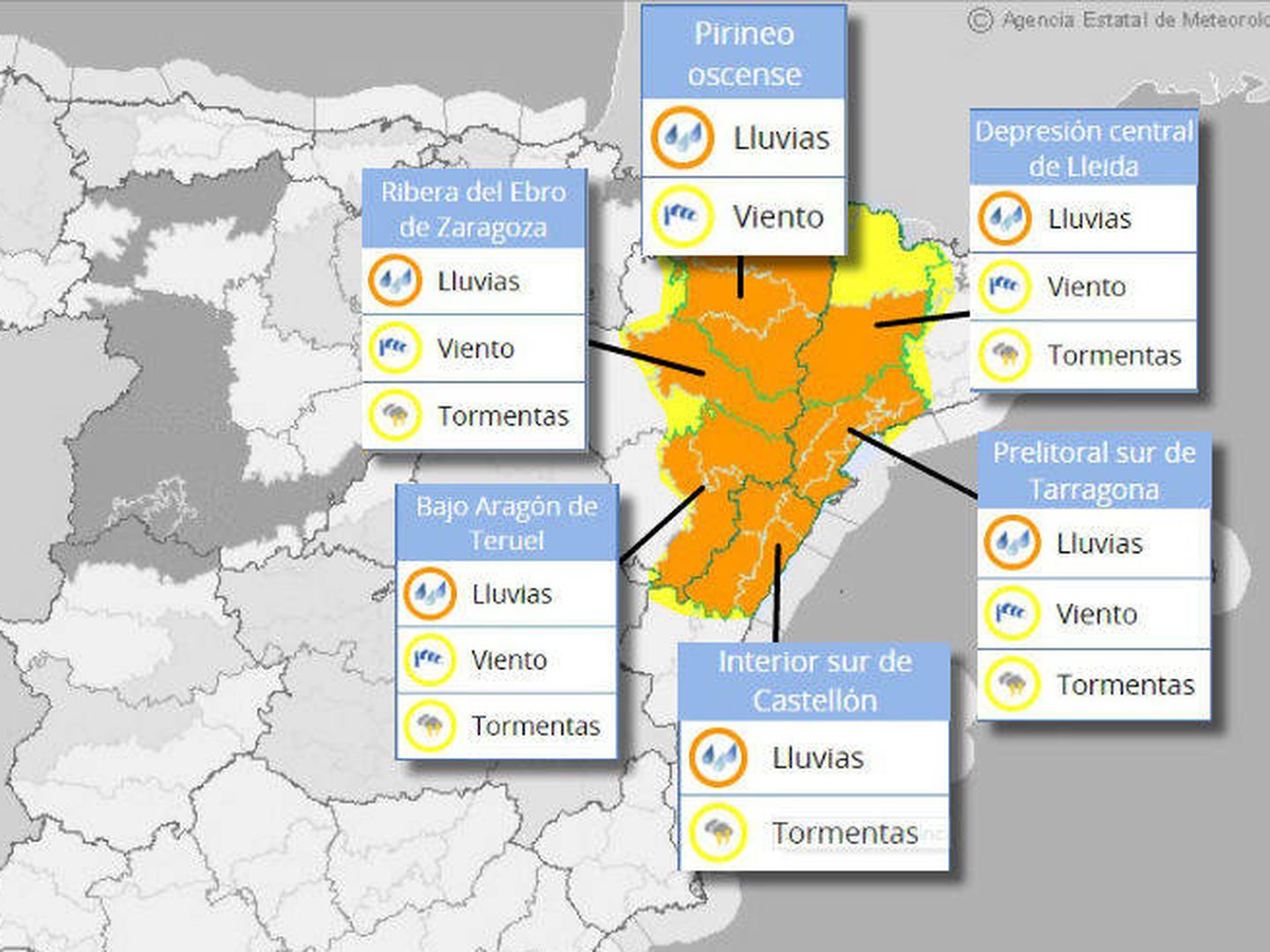 La provincia de Barcelona y Girona se han incorporado en la madrugada de este domingo a la zona de riesgo por fuertes precipitaciones.