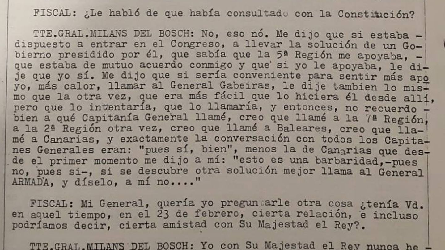 Declaración Milans del Bosch: El teniente general explica que tras una llamada de Armada se pone en contacto con todos las capitanías que salvo la de Canarias le dan el visto bueno.