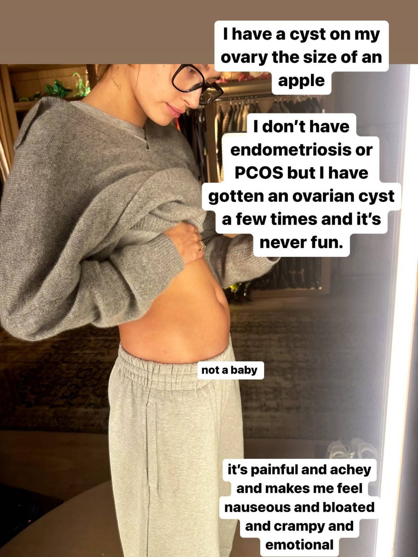 Hailey Bieber, explicando su condición médica. (Instagram/@haileybieber)