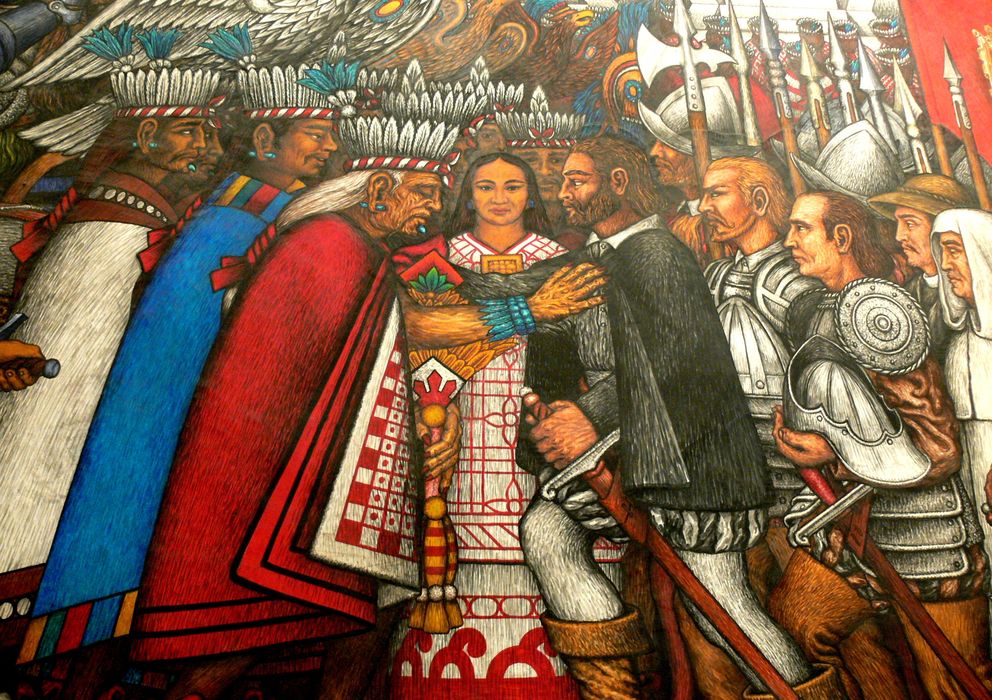 Foto: La Malinche, en el centro, en un mural del Palacio de Gobierno de Tlaxcala. (Wikicommons)