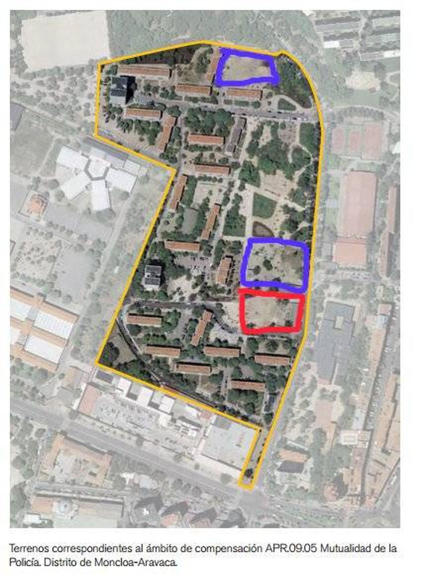 En azul, las parcelas que está intentando vender la Mutualidad de la Policía. En rojo, el terreno comprado por Vía Célere.