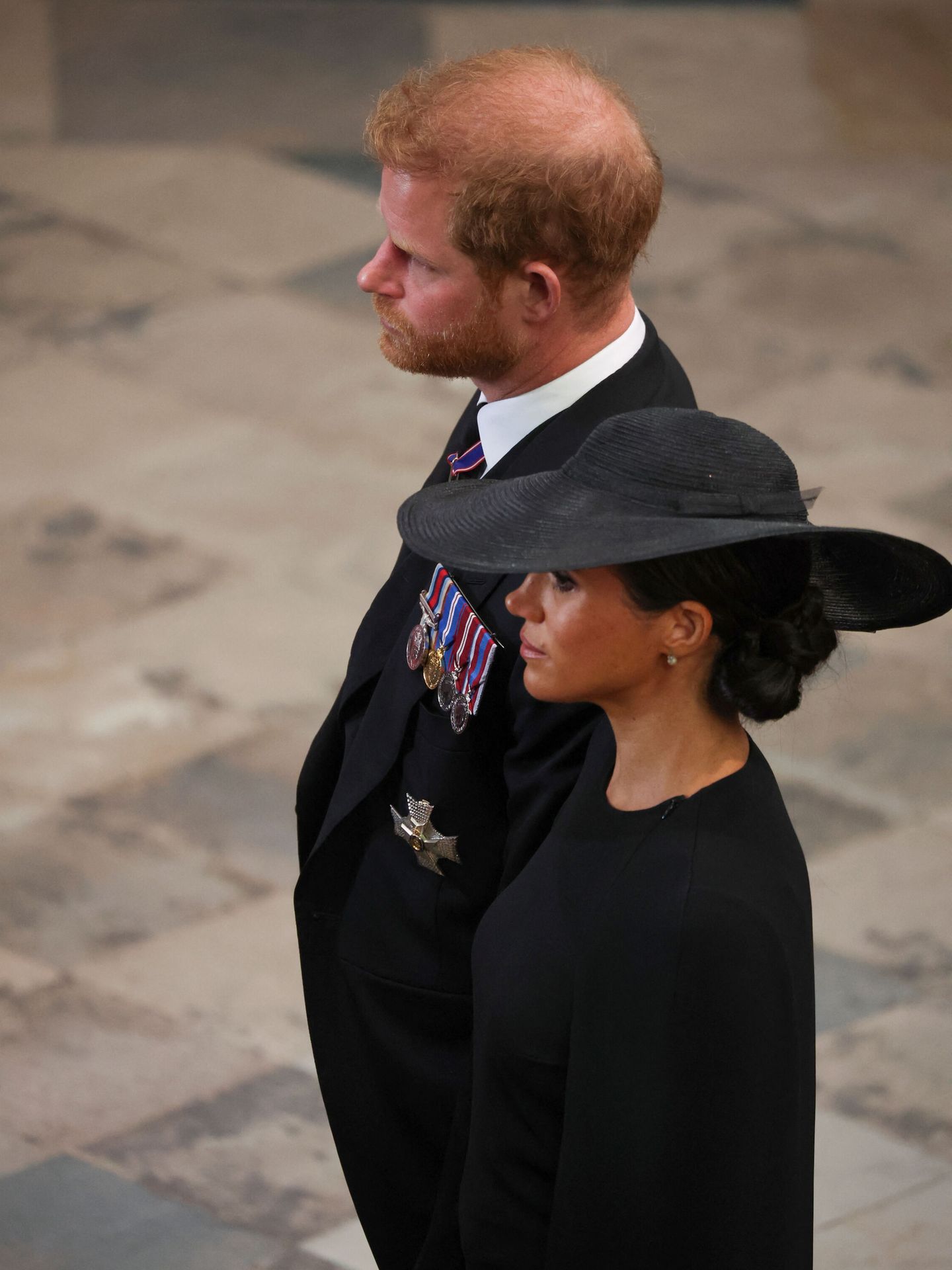 Meghan y Harry, en el funeral de la reina Isabel. (Reuters/Pool/Phil Noble)