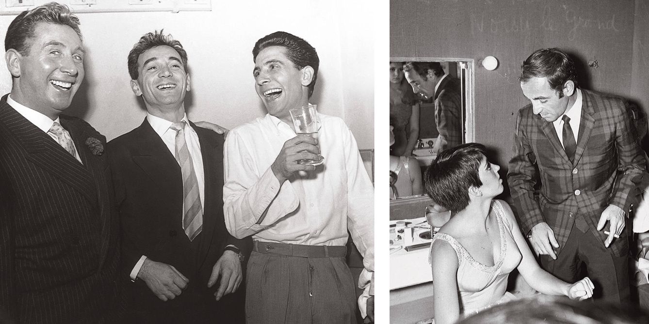 A la izquierda, junto a Charles Trenet y Gilbert Becaud en el Olympia (París). A la derecha, en los camerinos del teatro juntoa Liza Minnelli. 