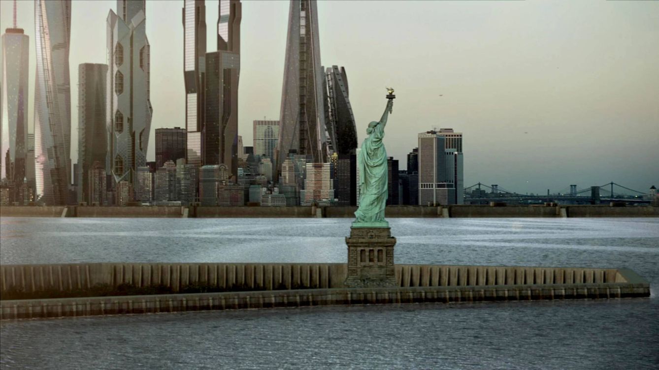 Foto: La extensión al sur de Manhattan y los muros de contención en The Expanse con la estatua de la libertad en primer plano. (Amazon Prime Video)