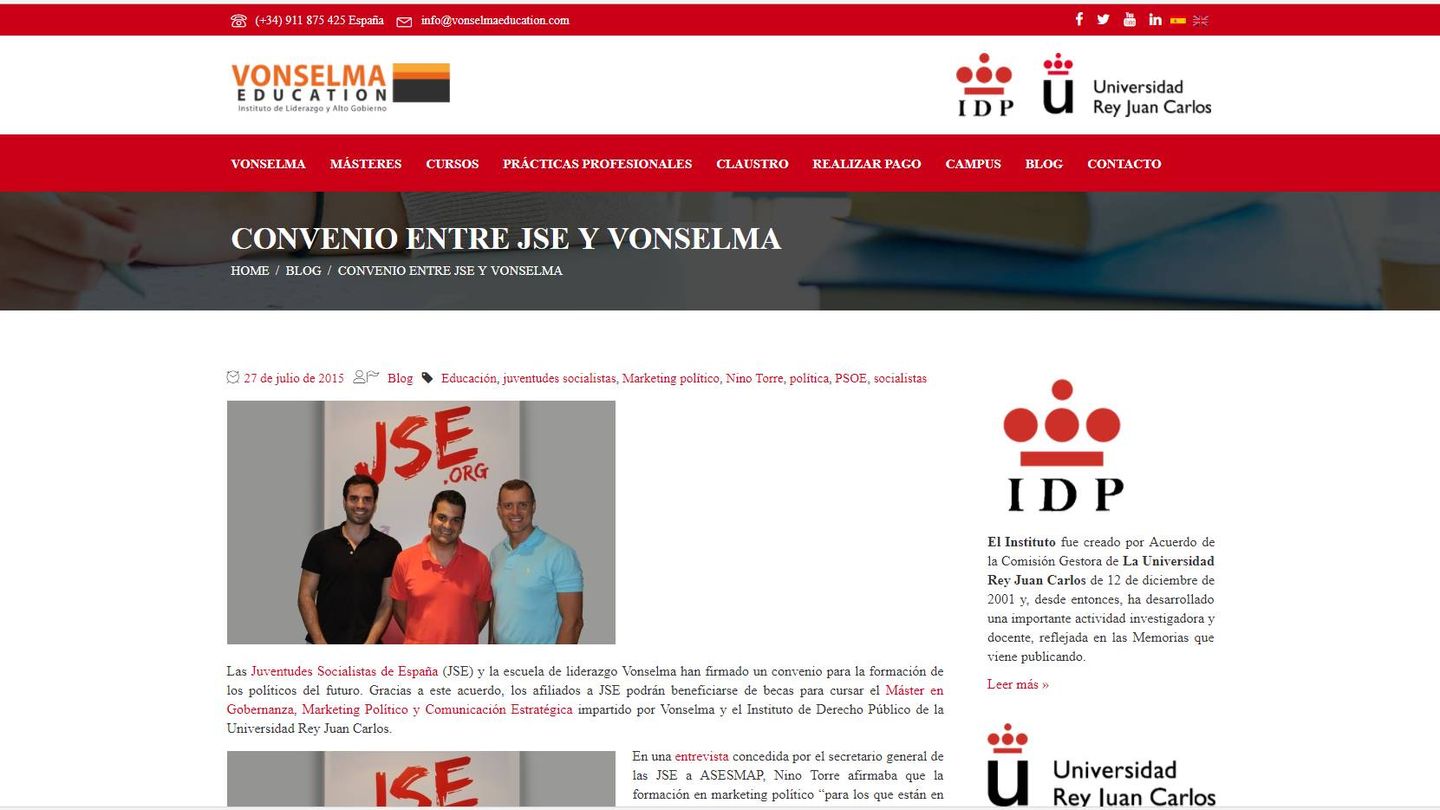 Captura de la web de Vonselma donde el instituto anunció el acuerdo con JSE. 