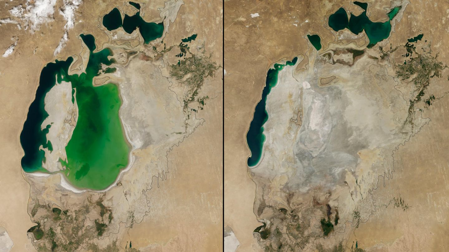 Solo 14 años han pasado entre ambas imágenes. En agosto de 2000, el mar de Aral lucía un aspecto reflejado en la foto de la izquierda. A la derecha, el mismo lugar en 2014, casi sin agua. En la década de los sesenta, el mar de Aral estaba mucho más cubierto que en las imágenes que se muestran, pero la Unión Soviética desvió parte del caudal de los ríos que lo nutrían para regar el algodón y otros cultivos de las llanuras áridas de Kazajistán, Uzbekistán y Turkmenistán. (NASA)