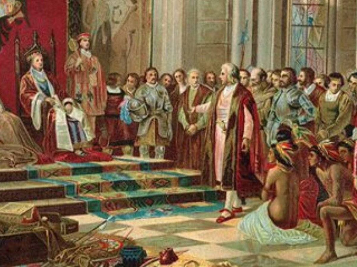 Foto: Recibimiento de los Reyes Católicos a Colón en Barcelona, tras regresar del Nuevo Mundo, en un cuadro de Ricardo Balaca (1844-1880)