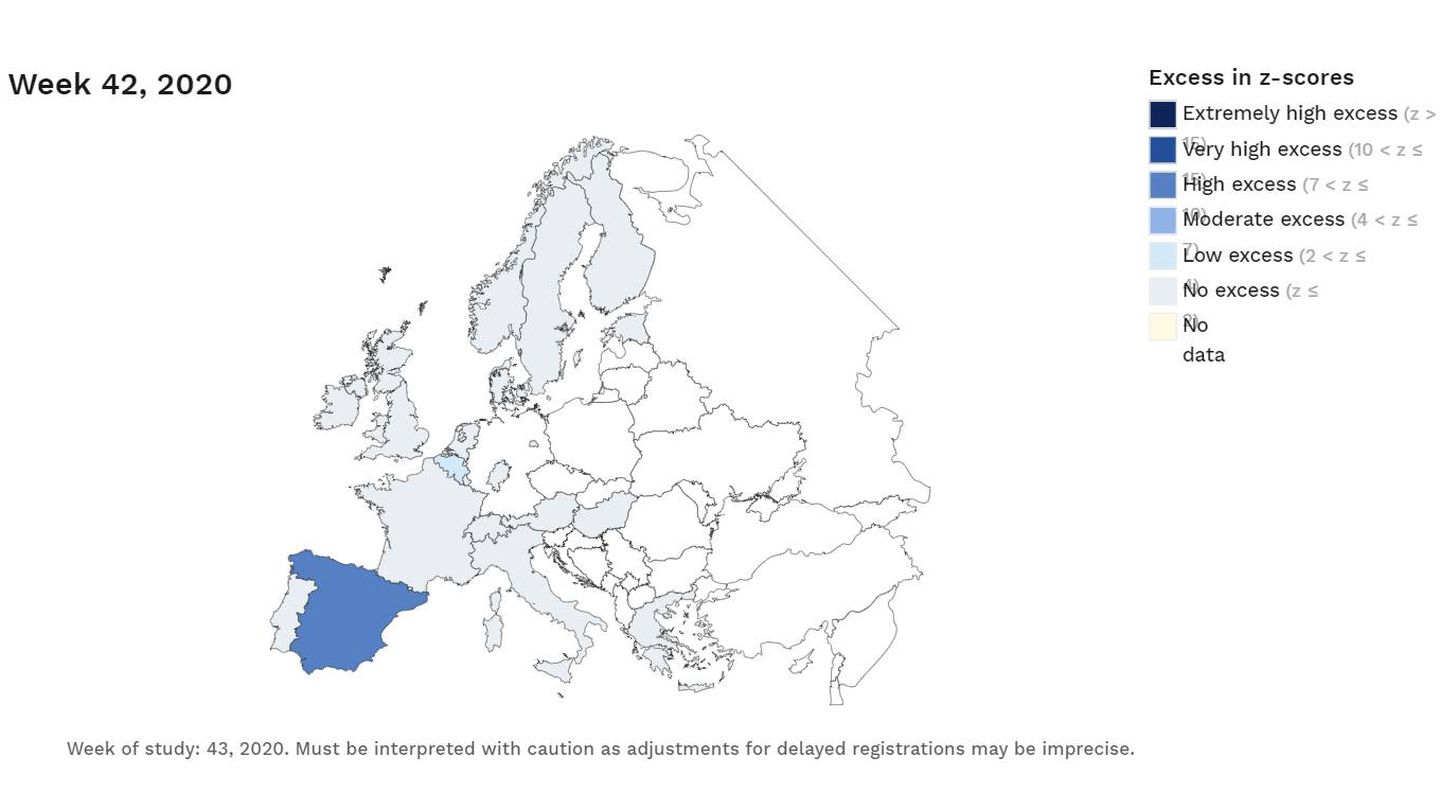 Mapa con el exceso de muertes en la semana 42 en Europa (Euromomo)