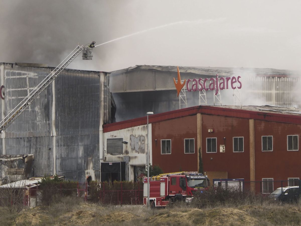 Foto: Los bomberos se afanan en apagar el incendio en la fábrica de la empresa Cascajares en Dueñas. (EFE/R. García)