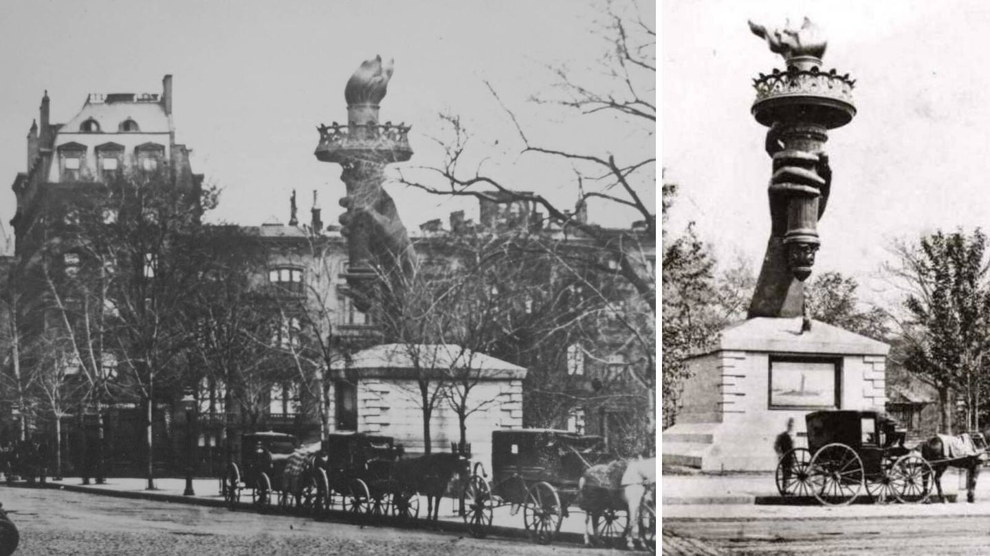 El brazo de la antorcha de la estatua de la Libertad, expuestos en Nueva York antes de la construcción completa de la estatua