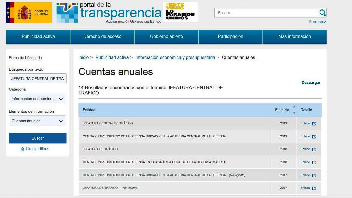 En el portal de Transparencia aparece toda la información de la auditoría de cuentas de la DGT en 2019. 