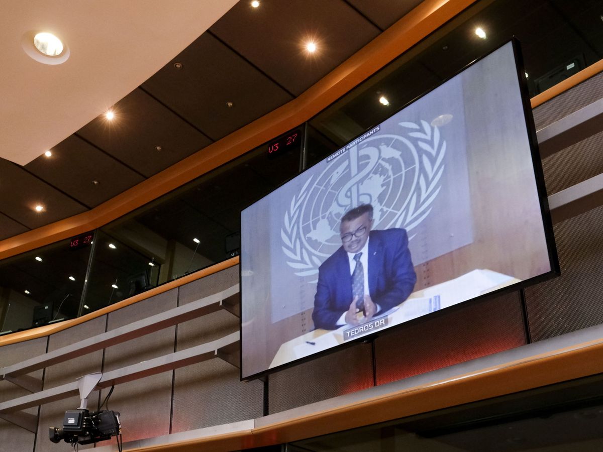 Foto: El director general de la Organización Mundial de la Salud (OMS), Tedros Adhanom Ghebreyesus, interviene por videoconferencia ante el Europarlamento. (EFE)