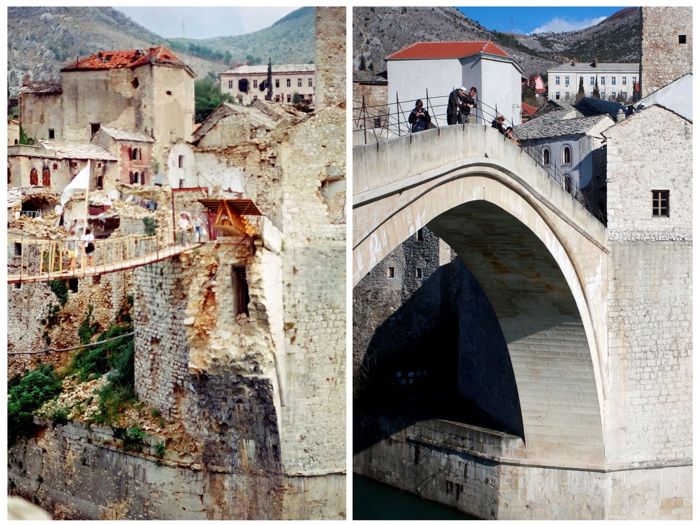 El puente de Mostar en 1993 y en 2013 (Reuters)