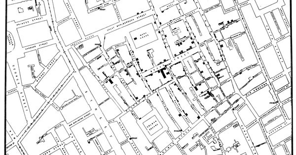 Foto: El mapa del colera que el médico John Snow creó en 1854 es considerado como un antepasado del concepto de periodismo de datos (Wikimedia Commons).
