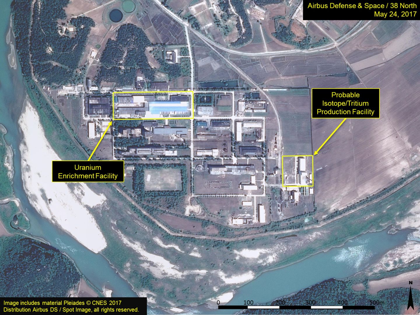 Imágenes de satélite de la planta nuclear norcoreana de Yongbyon, en julio de 2017. (Reuters)