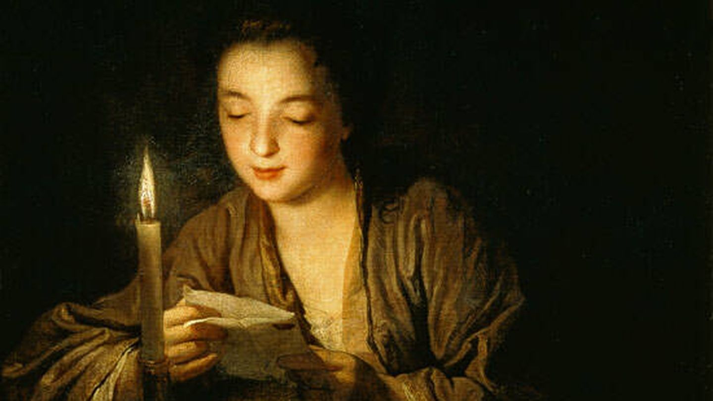 Chica plegando una carta en la penumbra, por Jean-Baptiste Santerre. Fuente: Wikimedia.