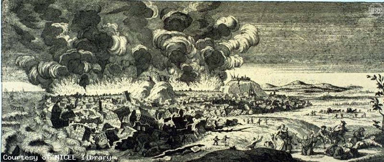 Lisboa vista desde el este durante el terremoto. Fuegos exagerados y efectos de daños (grabado en cobre, Países Bajos, 1756). 