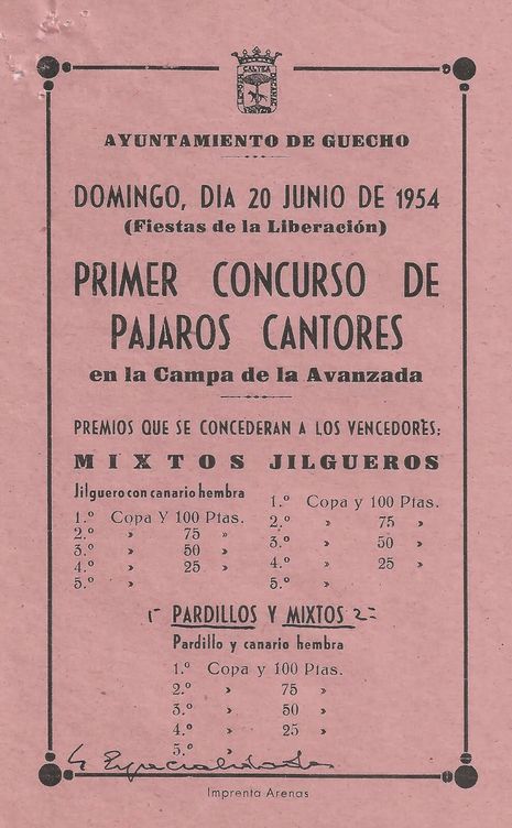Cartel del primer concurso de pájaros cantores celebrado en Guecho (Vizcaya) en 1954. 