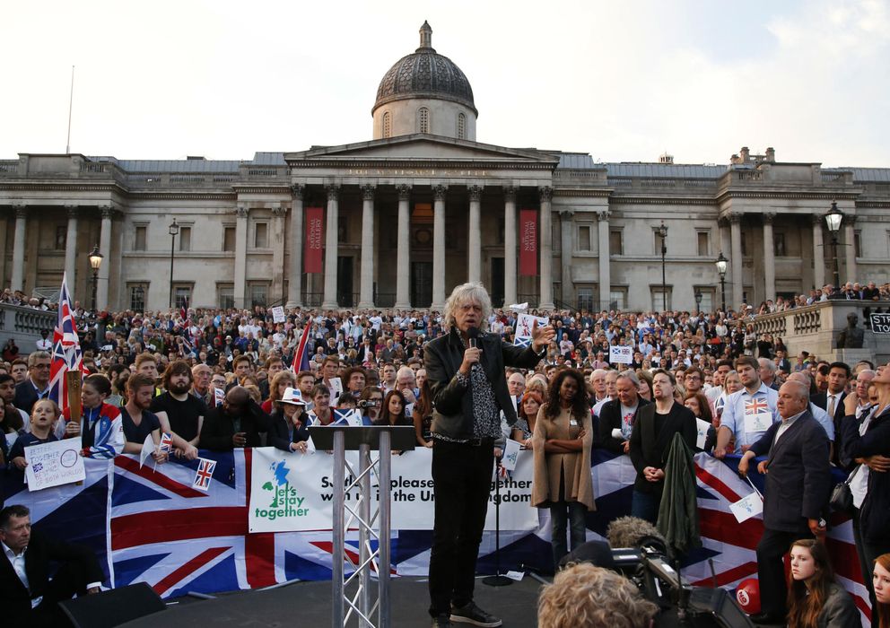 Foto: El artista irlandés Bob Geldof durante un acto a favor de la permanencia de Escocia en el Reino Unido celebrado en Londres (Reuters). 